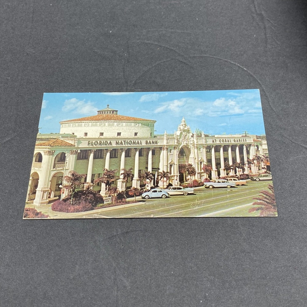 Vintage Florida National Bank at‎ Coral Gables Postcard 1950s VW Beetle Old Cars